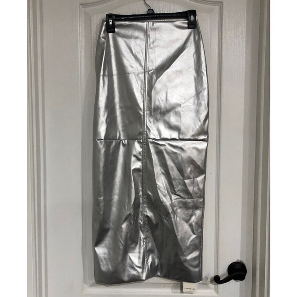 Commense Women's Midi‎ Pencil Skirt Metallic Back Slit High Waist Silver Size XS - Picture 1 of 7